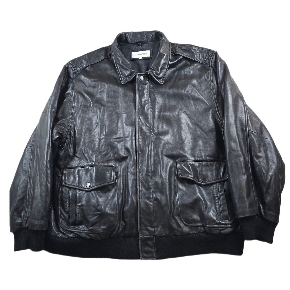 Calvin Klein Leather Bomber Jacket Mens 2XL Black 100% Leather Flight Coat